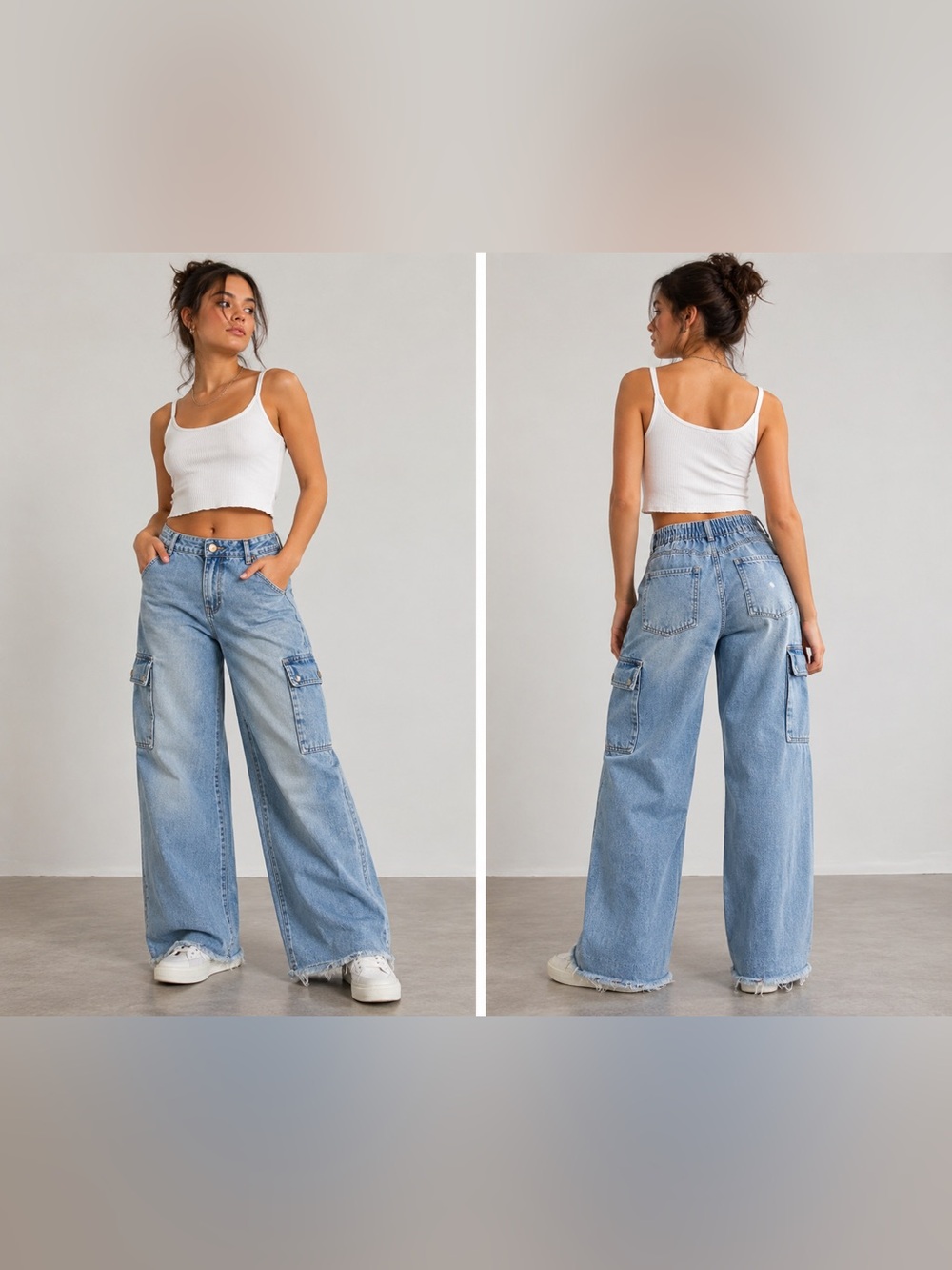 Wide-Leg Cargo Jeans in Light Blue